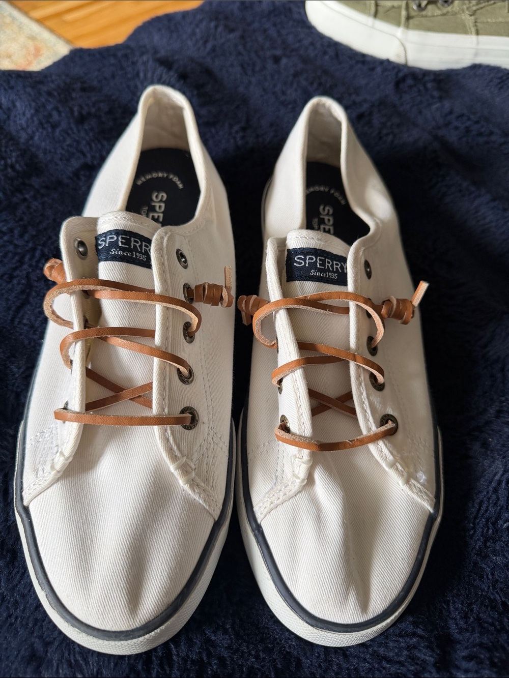 Sperry White Canvas Boat Shoes with Tan Leather Laces